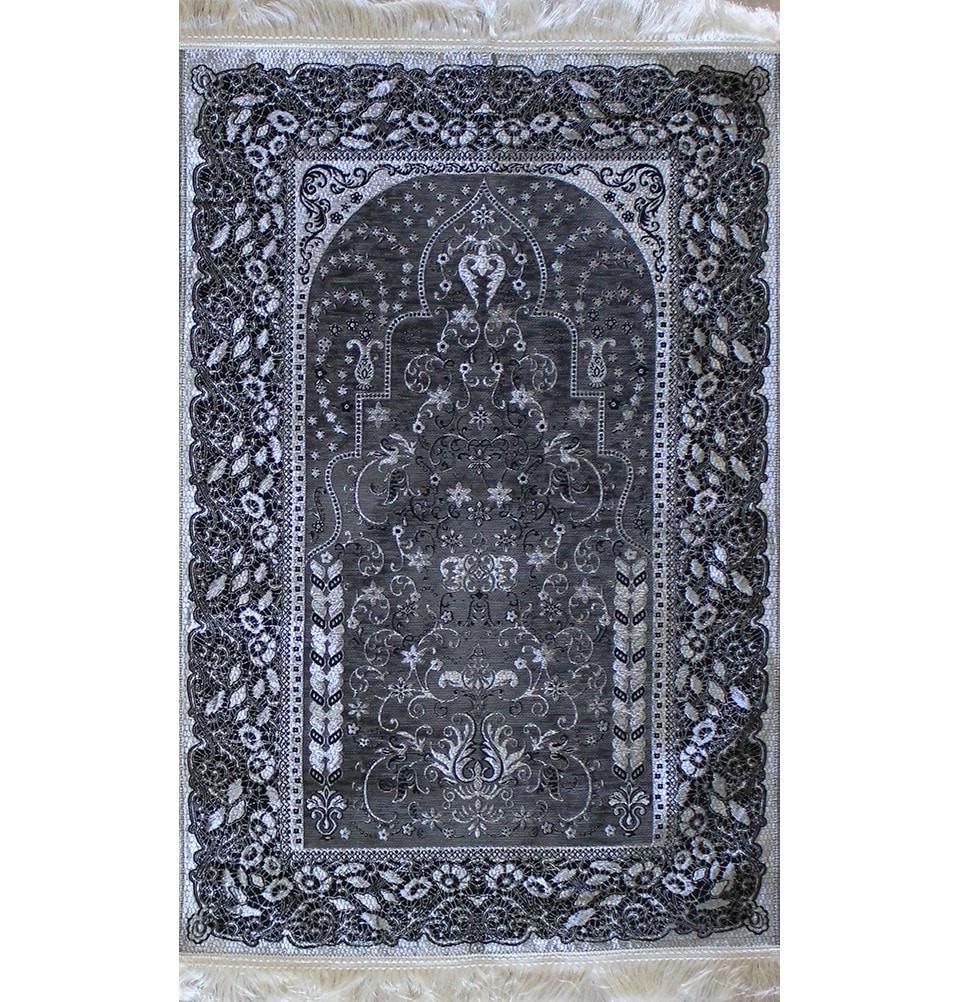 Mercan Prayer Rug Chenille Islamic Prayer Mat with Metallic Ottoman Design with Box Dark Grey - Modefa 