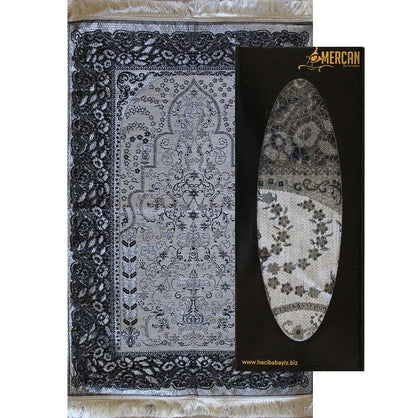 Mercan Prayer Rug Chenille Islamic Prayer Mat with Metallic Ottoman Design with Box Grey - Modefa 