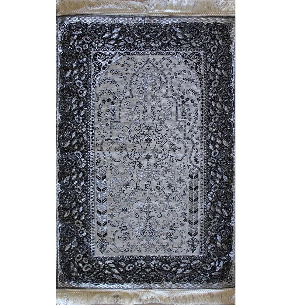 Mercan Prayer Rug Chenille Islamic Prayer Mat with Metallic Ottoman Design with Box Grey - Modefa 