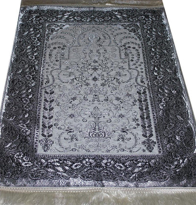 Mercan Prayer Rug Chenille Islamic Prayer Mat with Metallic Ottoman Design with Box Grey - Modefa 