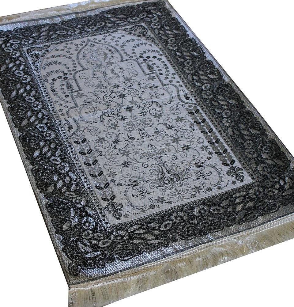 Mercan Prayer Rug Chenille Islamic Prayer Mat with Metallic Ottoman Design with Box Grey - Modefa 