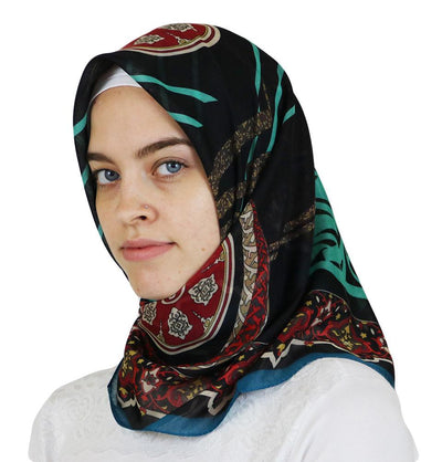 Miss Ipek scarf Turkish Yazma Square Hijab - Ottoman Black / Red - Modefa 