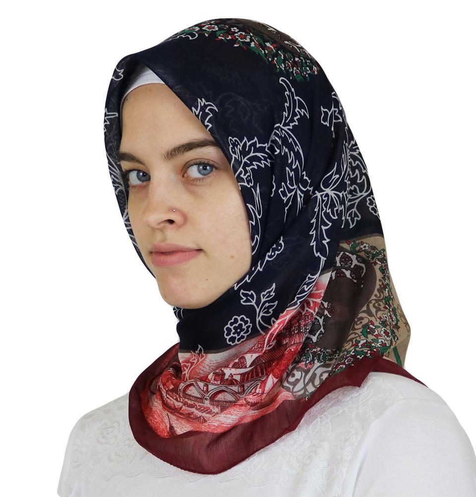 Miss Ipek scarf Turkish Yazma Square Hijab - Ottoman Tulip Blue - Modefa 