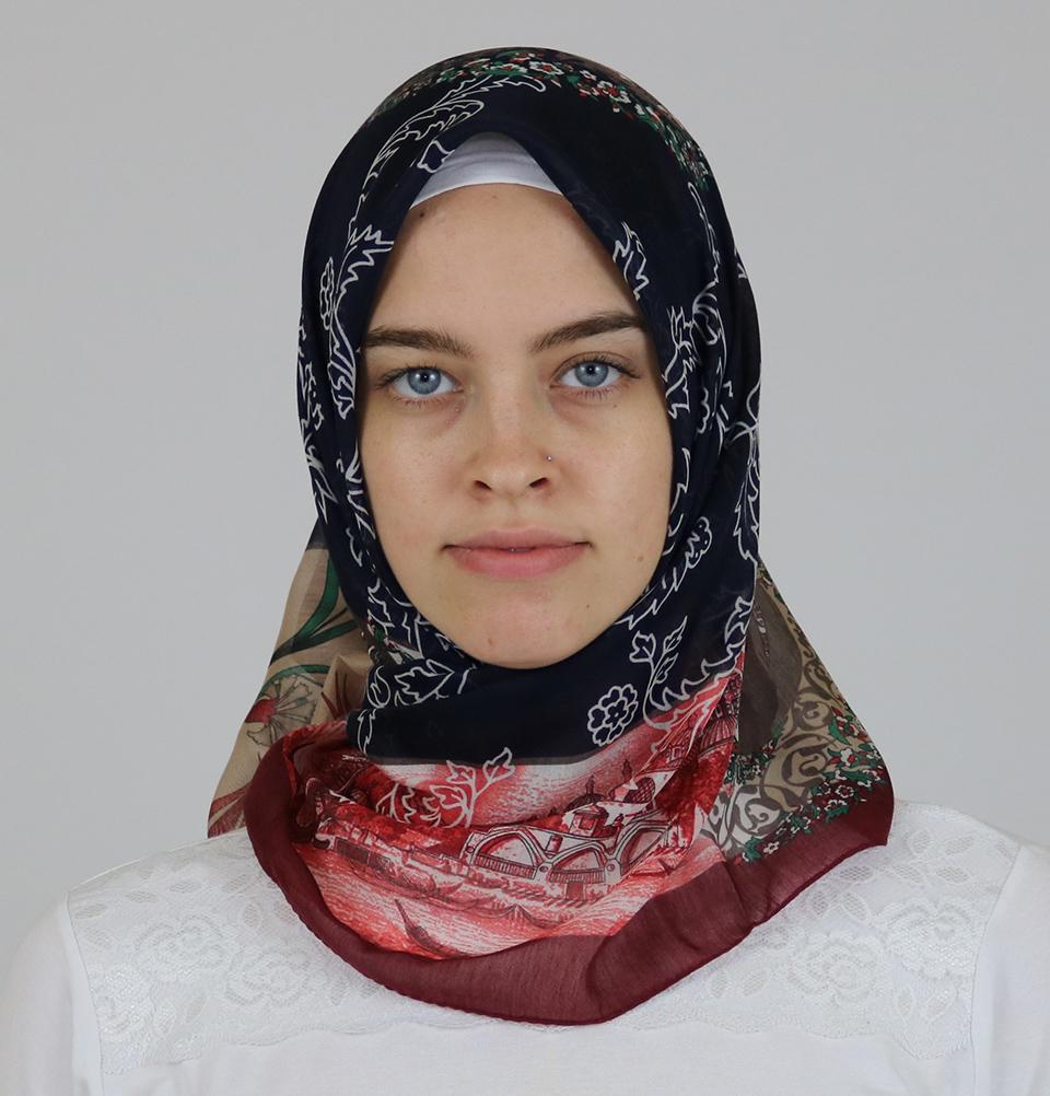 Miss Ipek scarf Turkish Yazma Square Hijab - Ottoman Tulip Blue - Modefa 
