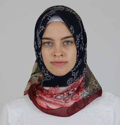 Miss Ipek scarf Turkish Yazma Square Hijab - Ottoman Tulip Blue - Modefa 