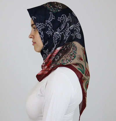 Miss Ipek scarf Turkish Yazma Square Hijab - Ottoman Tulip Blue - Modefa 