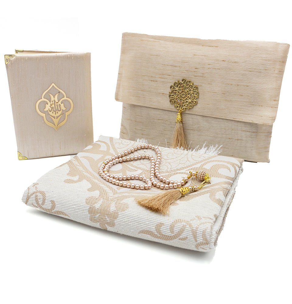 Modefa Book Beige Gift Set - Prayer Rug, Dua Book and Prayer Beads in Satin Bag - Beige