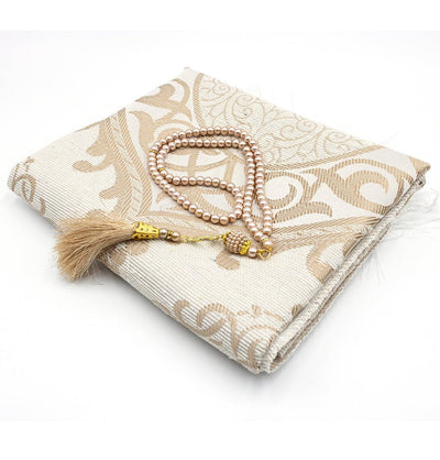 Modefa Book Beige Gift Set - Prayer Rug, Dua Book and Prayer Beads in Satin Bag - Beige