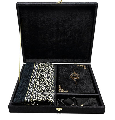 Modefa Book Black Deluxe Modefa Turkish Islamic Luxury Velvet Gift Box Prayer Mat and Quran 6 Piece Set