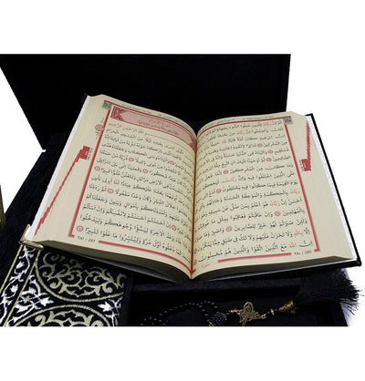 Modefa Book Black Deluxe Modefa Turkish Islamic Luxury Velvet Gift Box Prayer Mat and Quran 6 Piece Set