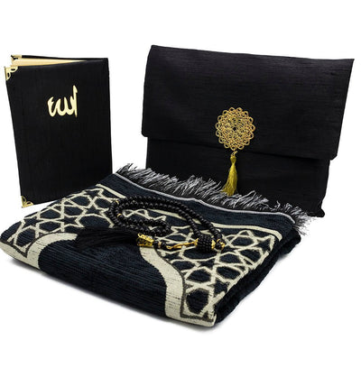 Modefa Book Black Gift Set - Prayer Rug, Dua Book and Prayer Beads in Satin Bag - Black