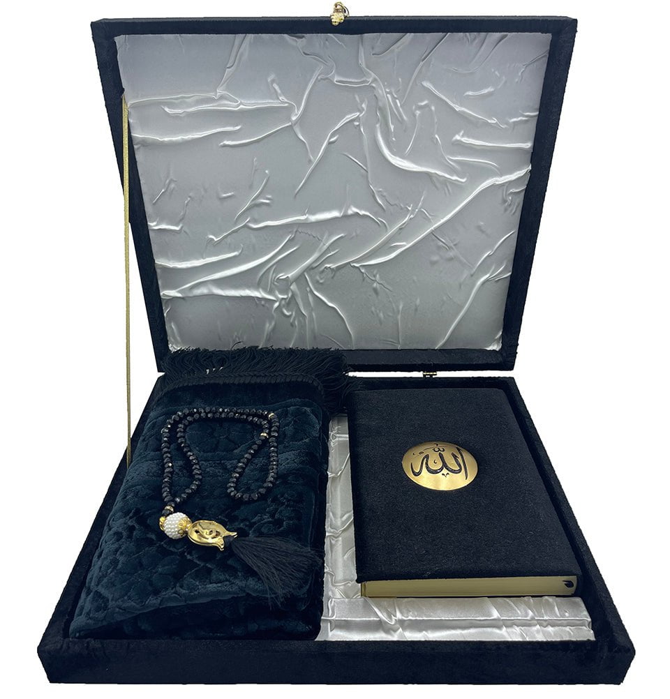 Modefa Book Black Luxury Islamic Gift Set - Velvet Box with Quran and Luxury Velvet Prayer Rug - Black