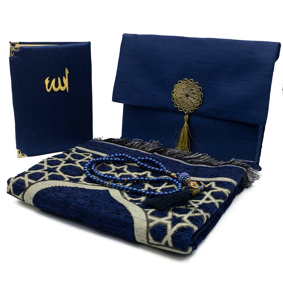 Modefa Book Blue Gift Set - Prayer Rug, Dua Book and Prayer Beads in Satin Bag - Blue