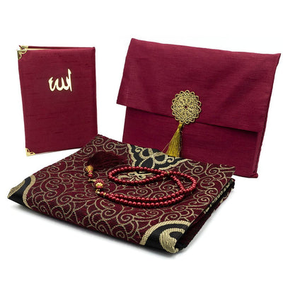 Modefa Book Burgundy Gift Set - Prayer Rug, Dua Book and Prayer Beads in Satin Bag - Burgundy