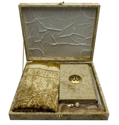 Modefa Book Gold Luxury Islamic Gift Set - Velvet Box with Quran and Luxury Velvet Prayer Rug - Gold