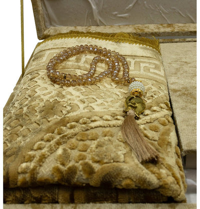 Modefa Book Gold Luxury Islamic Gift Set - Velvet Box with Quran and Luxury Velvet Prayer Rug - Gold