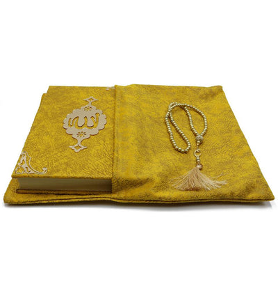 Modefa Book Golden Yellow Holy Quran in Velvet Gift Bag with Prayer Beads - Golden Yellow