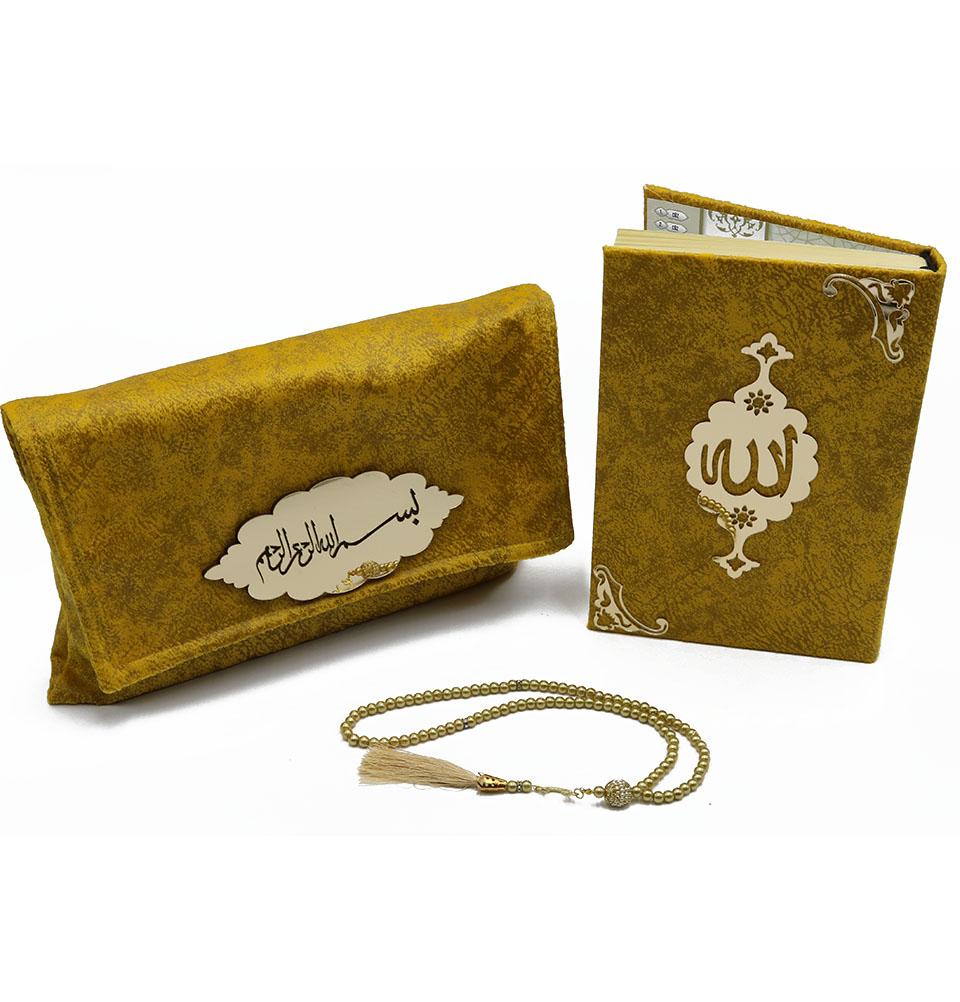 Modefa Book Golden Yellow Holy Quran in Velvet Gift Bag with Prayer Beads - Golden Yellow