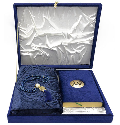 Modefa Book Navy Blue Luxury Islamic Gift Set - Velvet Box with Quran and Luxury Velvet Prayer Rug - Blue