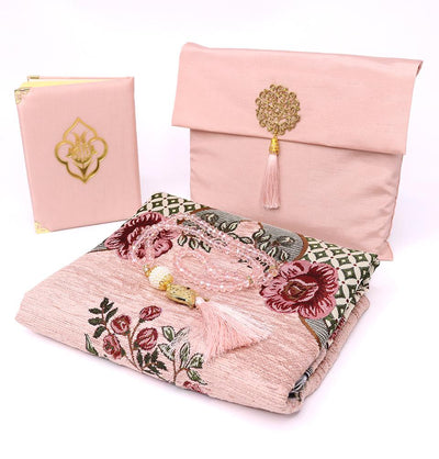 Modefa Book Pink Gift Set - Prayer Rug, Dua Book and Prayer Beads in Satin Bag - Pink