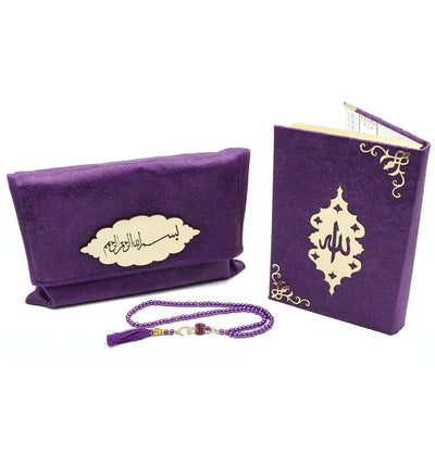 Modefa Book Purple Holy Quran in Velvet Gift Bag with Prayer Beads - Purple