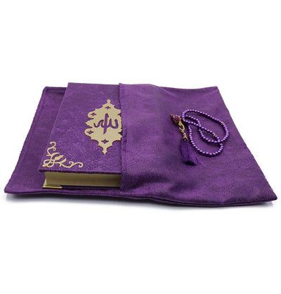 Modefa Book Purple Holy Quran in Velvet Gift Bag with Prayer Beads - Purple