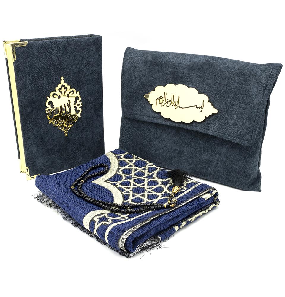 Modefa Book Slate Blue Holy Quran in Velvet Gift Bag with Prayer Beads - Slate Blue