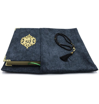 Modefa Book Slate Blue Holy Quran in Velvet Gift Bag with Prayer Beads - Slate Blue