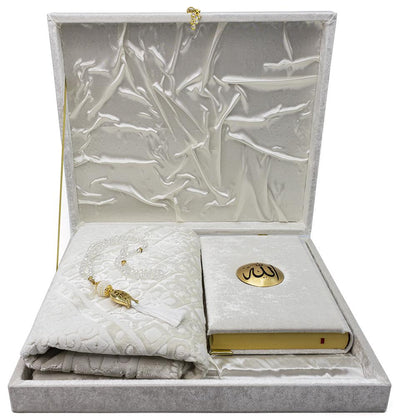 Modefa Book White Luxury Islamic Gift Set - Velvet Box with Quran and Luxury Velvet Prayer Rug - White