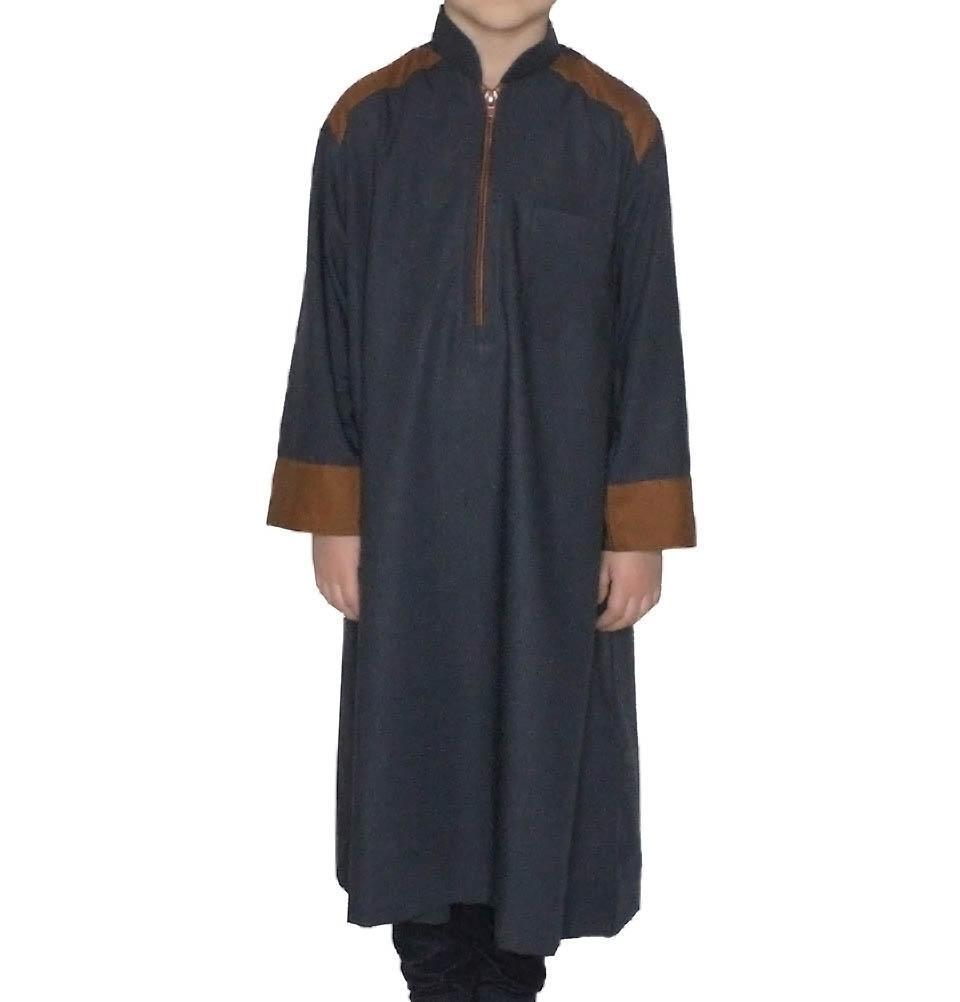 Modefa Boy's Full Length Long Sleeve Islamic Thobe - Dark Gray & Brown