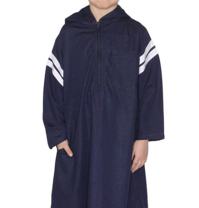 Modefa Boy's Full Length Long Sleeve Islamic Thobe - Navy Blue & White