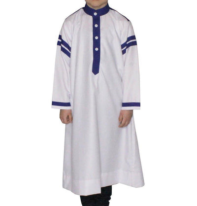 Modefa Boy's Full Length Long Sleeve Islamic Thobe - White & Blue