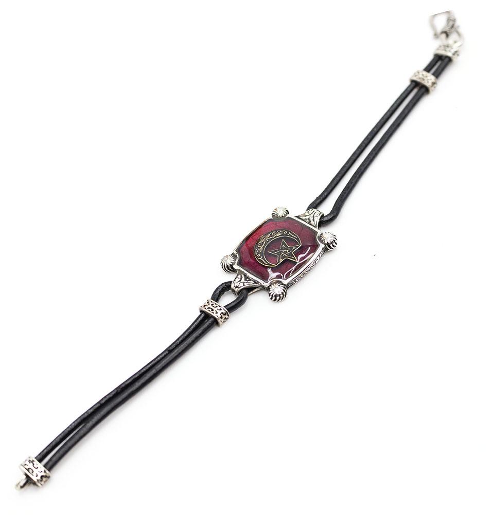 Modefa Bracelet Men's Sterling Silver & Leather Bracelet | Crescent Moon & Star | Square