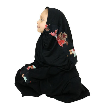 Islamic Turkish Child Ferace Girl's Abaya Black & Floral ET-2201