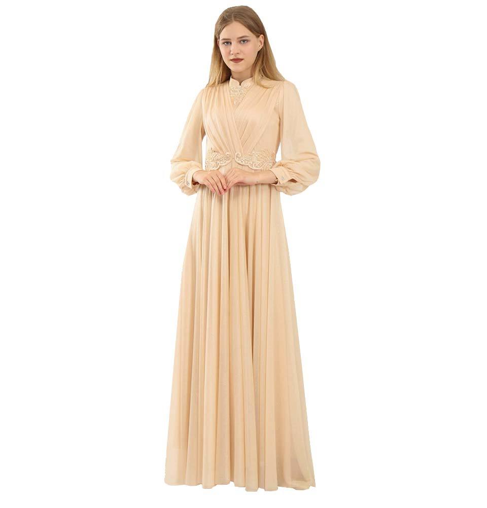 Modefa Dress Modest Formal Dress | Pleated Lace G353 Peach