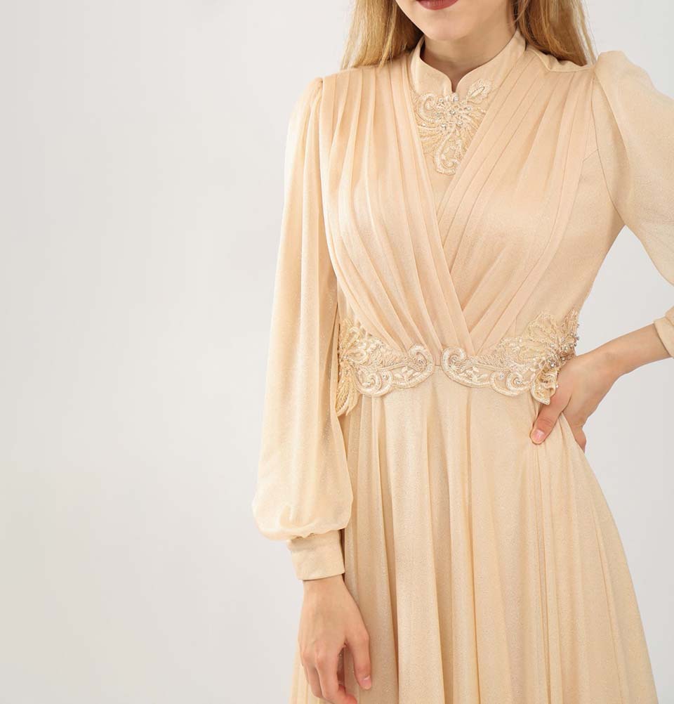 Modefa Dress Modest Formal Dress | Pleated Lace G353 Peach