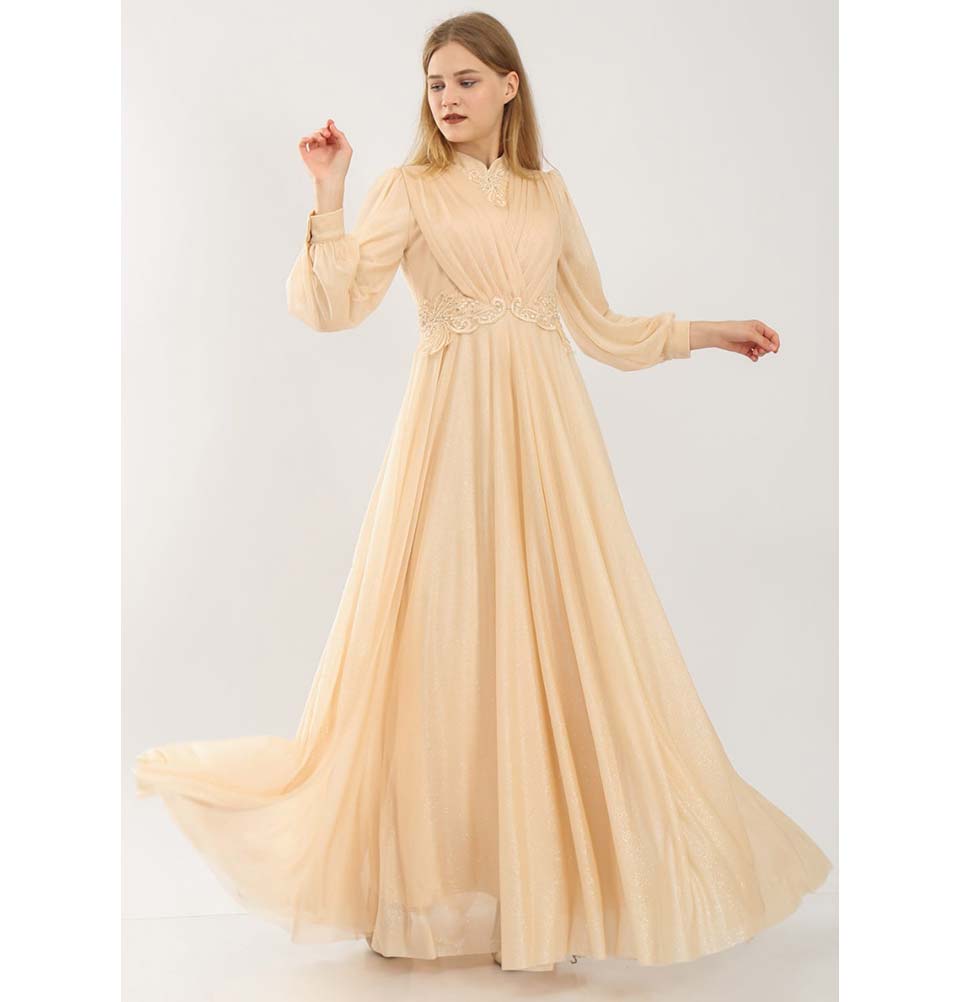 Modefa Dress Modest Formal Dress | Pleated Lace G353 Peach