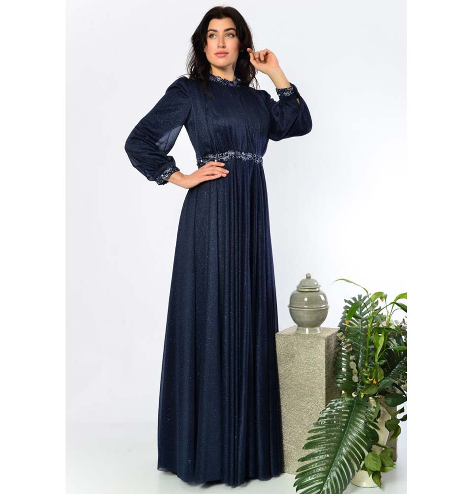 Modefa Dress Modest Formal Embellished Dress G333 Navy Blue