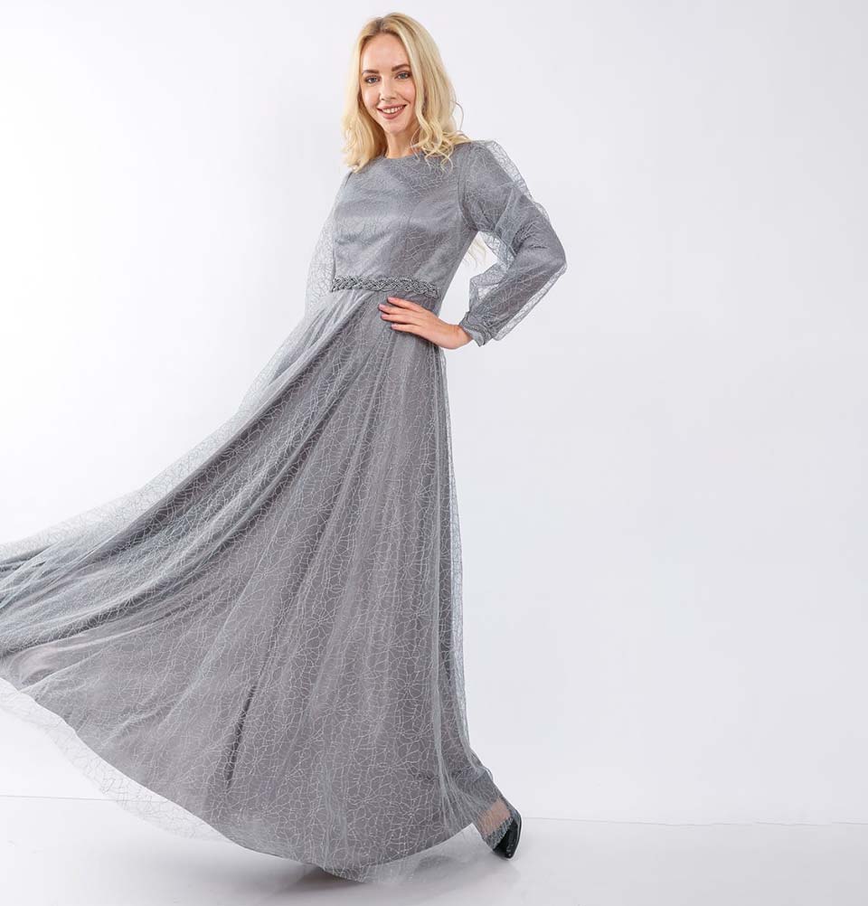 Modefa Dress Modest Formal Embellished Dress G392 Gray
