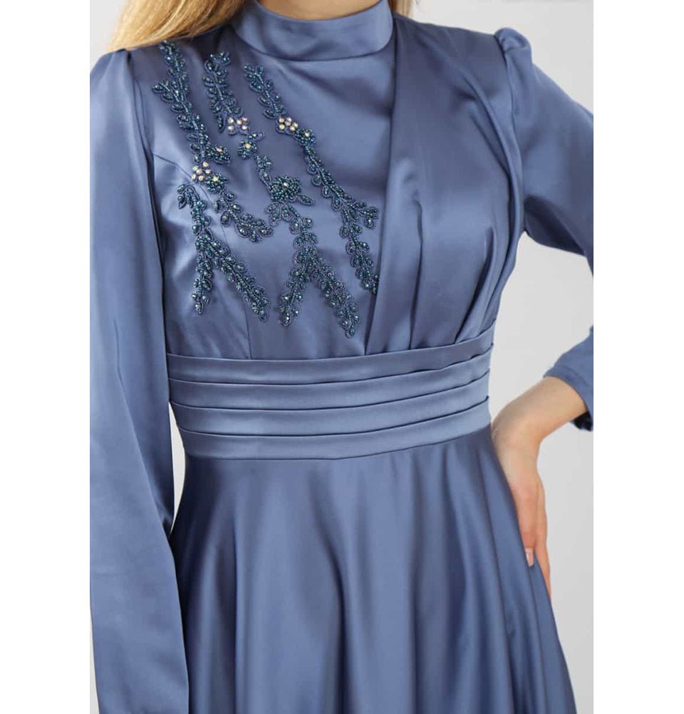 Modest Formal Satin Dress G432 Blue