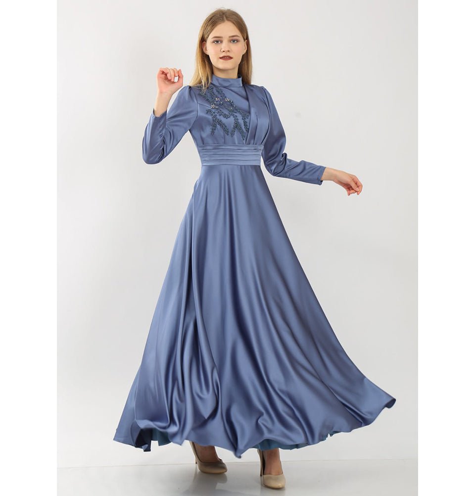 Modefa Dress Modest Formal Satin Dress G432 Blue
