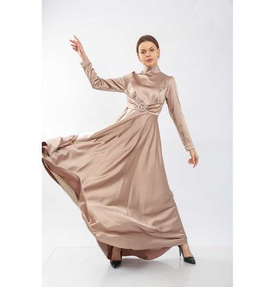 Modefa Dress Modest Formal Satin Dress G459 Beige