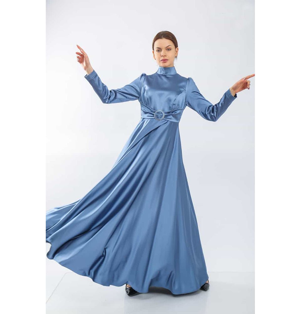 Modefa Dress Modest Formal Satin Dress G459 Blue
