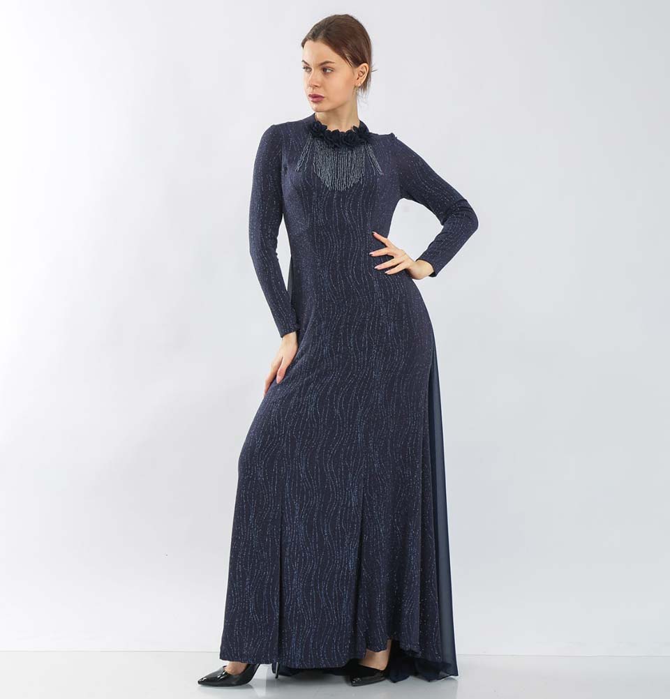 Modefa Dress Modest Formal Sequined Dress G238 Navy Blue