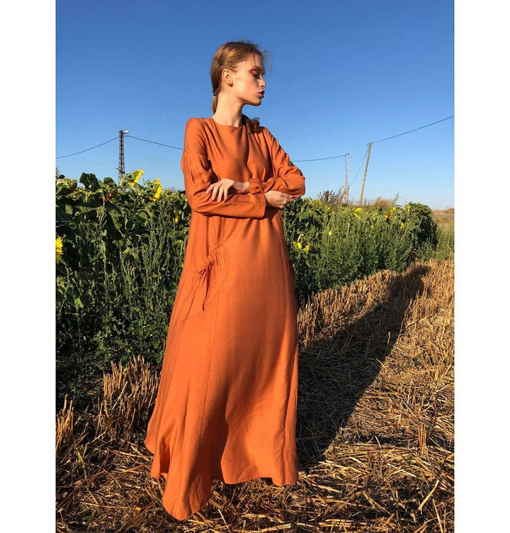 orange simple dress Linen Draped Maxi Dress