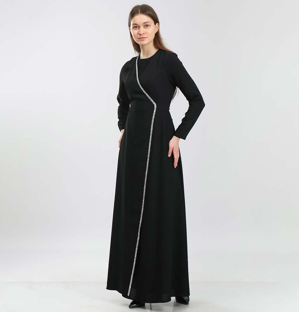 Modefa Dress Modest & Simple Formal Wrap Dress | Rhinestoned Black 70052