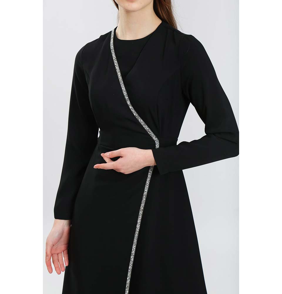 Modefa Dress Modest & Simple Formal Wrap Dress | Rhinestoned Black 70052