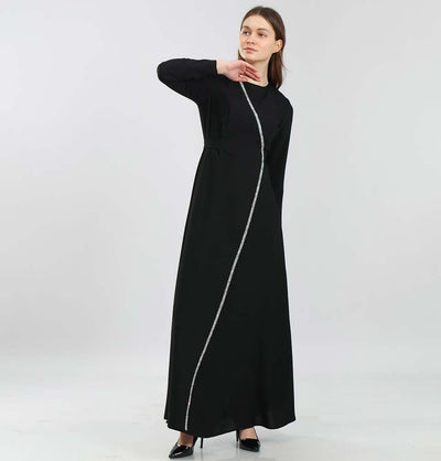 Modefa Dress Modest & Simple Formal Wrap Dress | Rhinestoned Black 70052