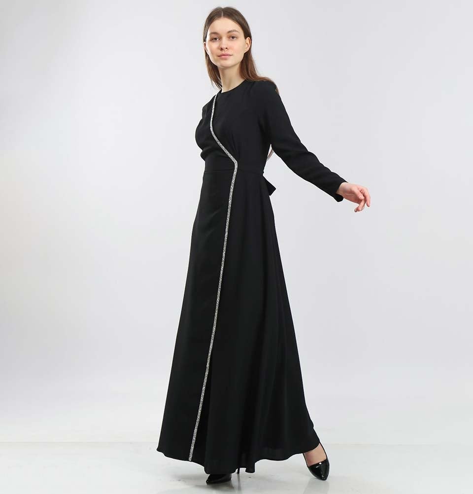 Modest & Simple Formal Wrap Dress | Rhinestoned Black 70052 Modest & Simple Formal Wrap Dress | Rhinestoned Black 70052