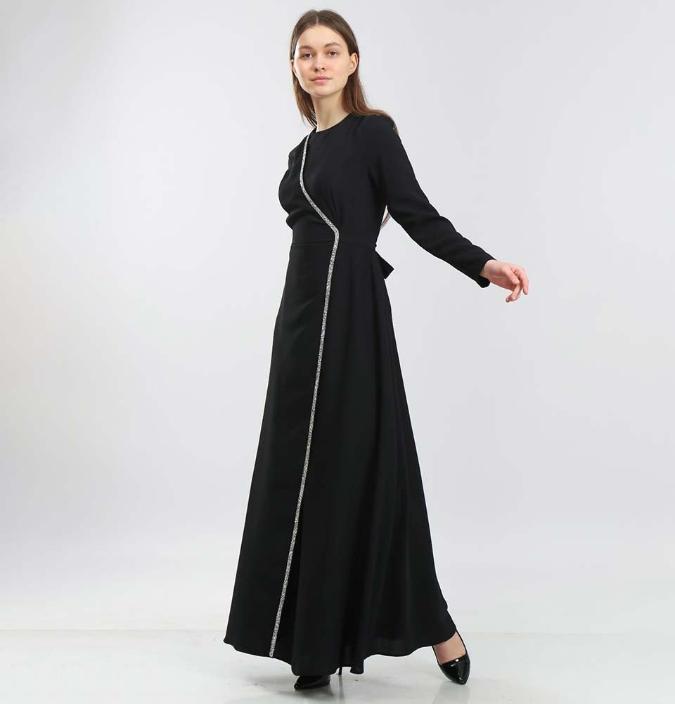 Modefa Dress Modest & Simple Formal Wrap Dress | Rhinestoned Black 70052